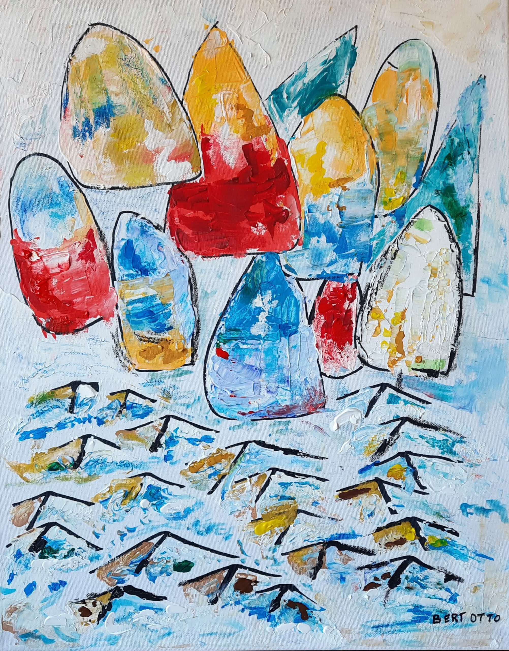 Sails & Vessels III, mixed-media werk met zeilen en casco van Bert Otto