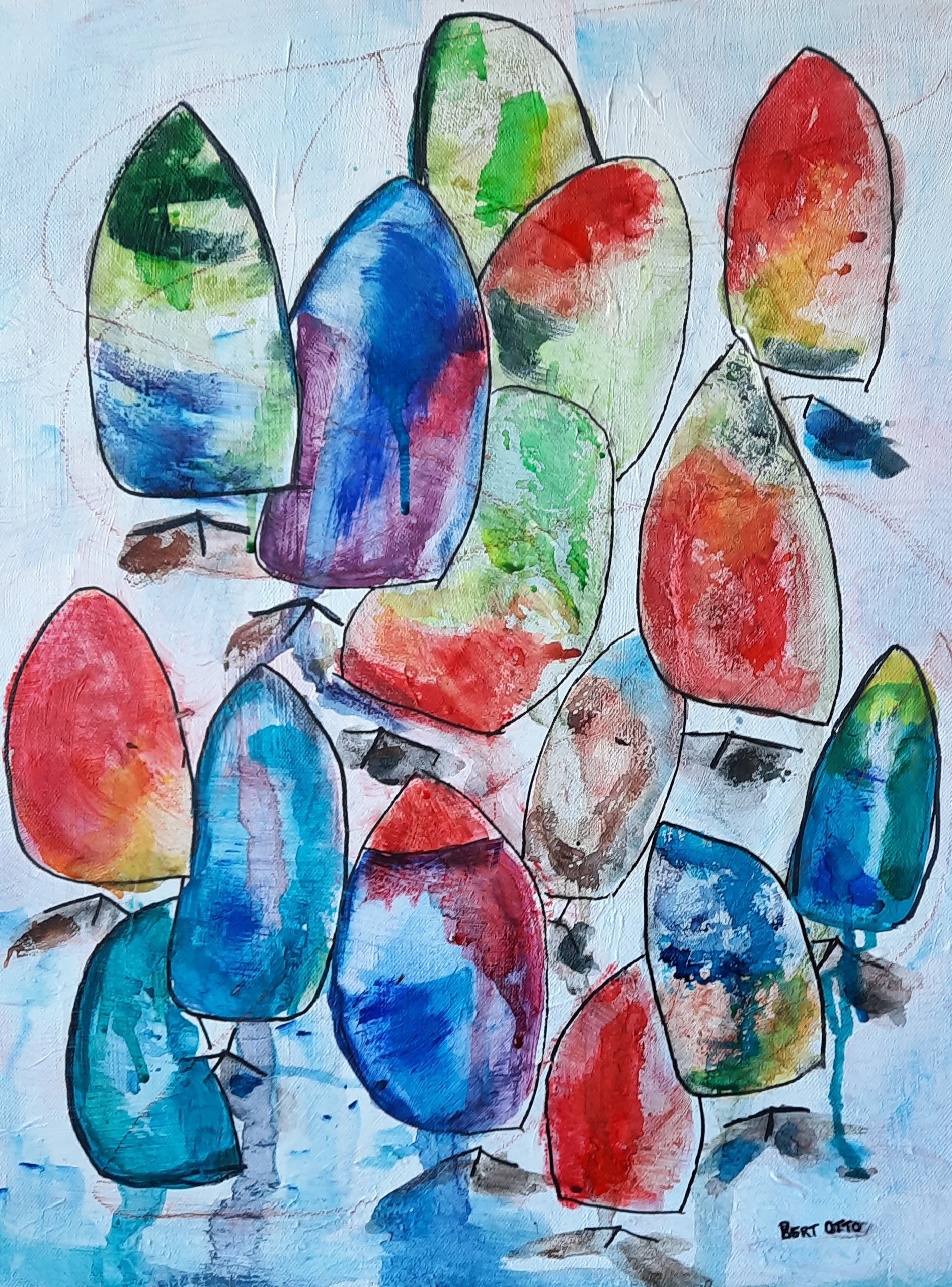 Sails & Vessels II, mixed-media werk met zeilen en casco van Bert Otto